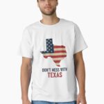 “Distressed Texas state outline t-shirt with rustic American flag and bold ‘Don’t Mess With Texas’ text – retro patriotic design”