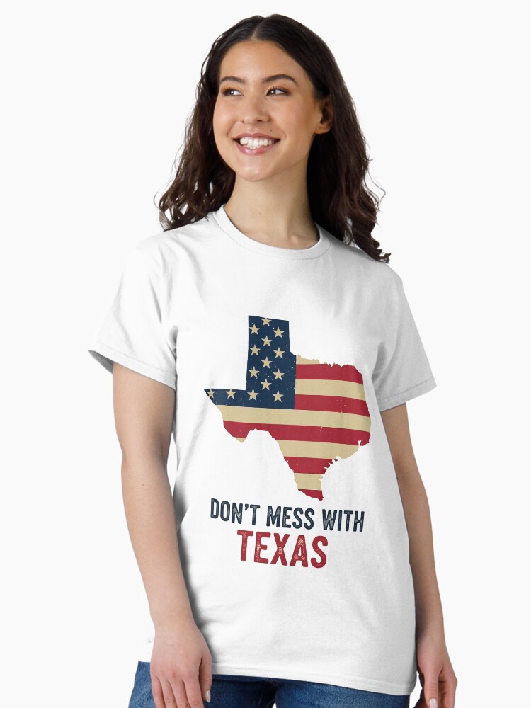 “Distressed Texas state outline t-shirt with rustic American flag and bold ‘Don’t Mess With Texas’ text – retro patriotic design”