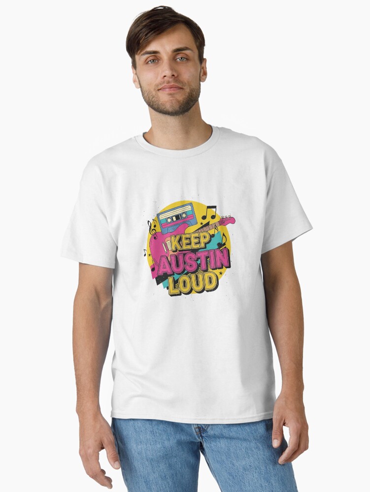 “Retro Austin music shirt with skyline, guitars, vinyl and neon art – tribute to Texas live music culture”