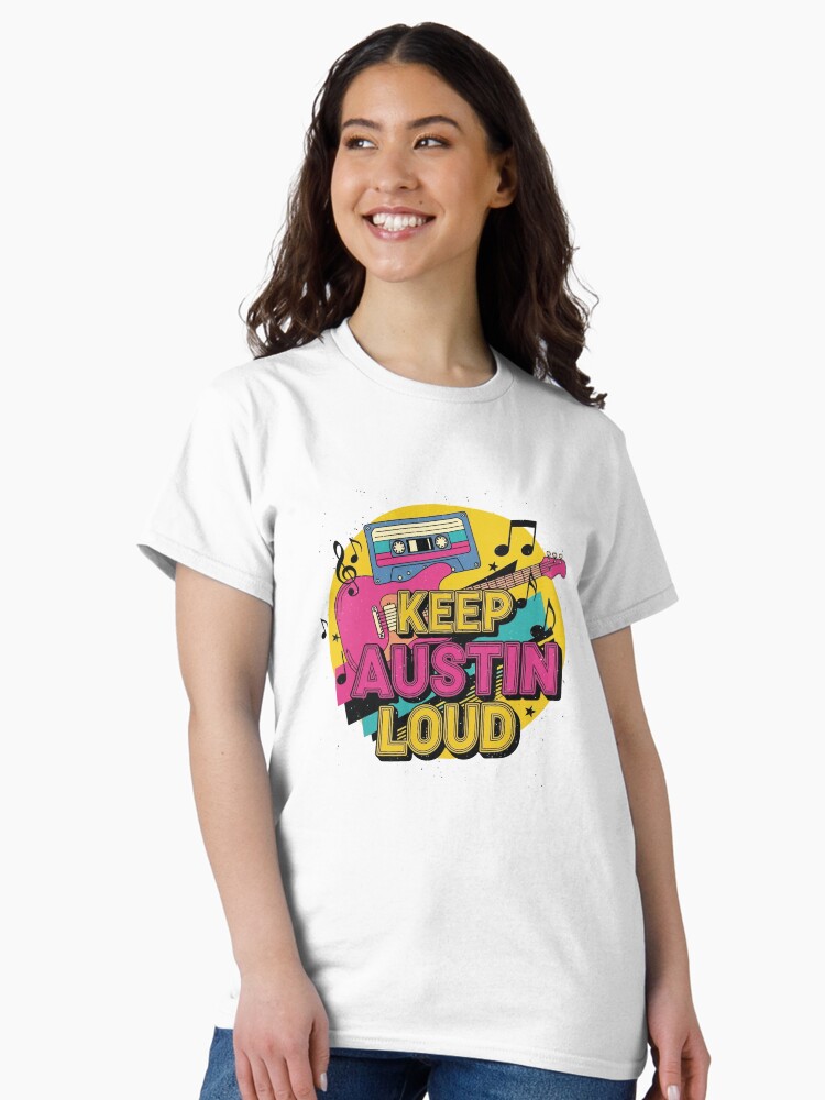 “Retro Austin music shirt with skyline, guitars, vinyl and neon art – tribute to Texas live music culture”