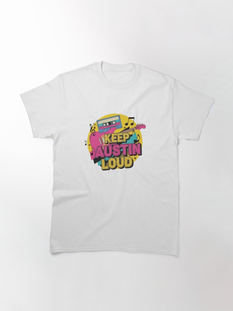 “Retro Austin music shirt with skyline, guitars, vinyl and neon art – tribute to Texas live music culture”