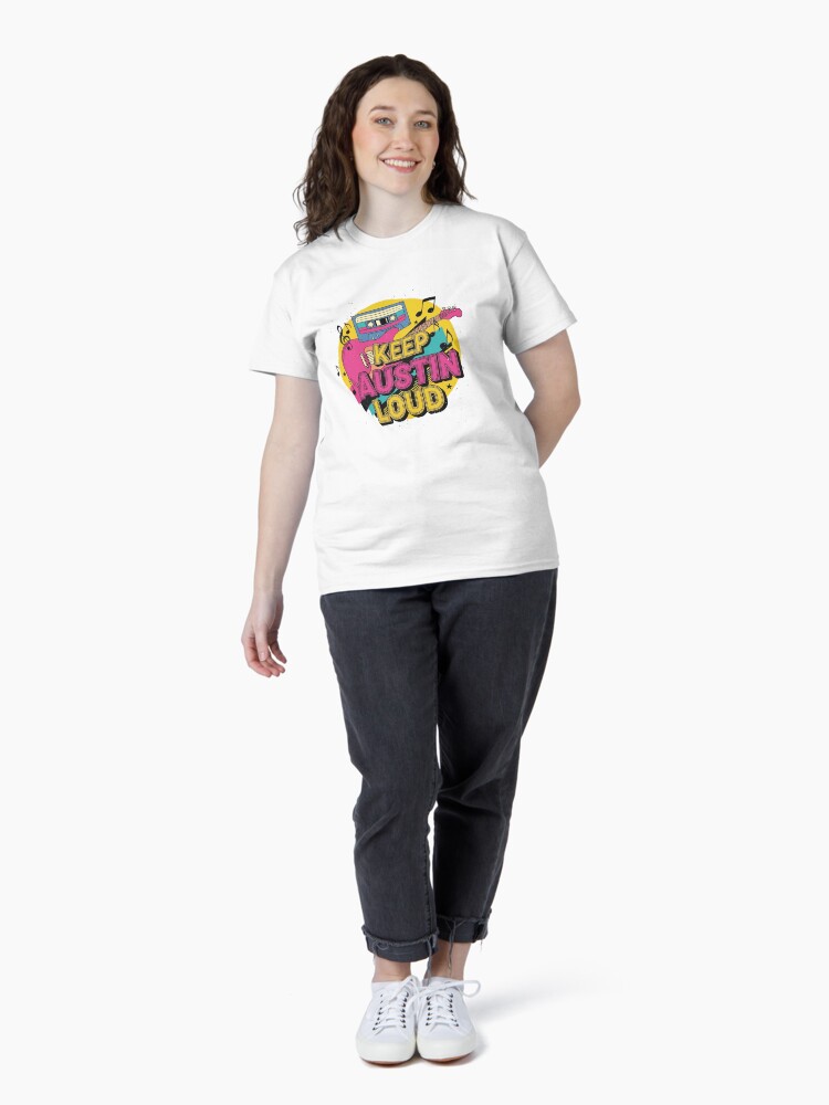 “Retro Austin music shirt with skyline, guitars, vinyl and neon art – tribute to Texas live music culture”