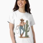 “Boho cowgirl t-shirt with cactus, hat, boots, and floral western design – feminine rodeo style”